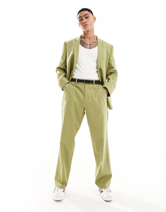 ASOS DESIGN smart breda linneblandade byxor i salviagrön - Image 2