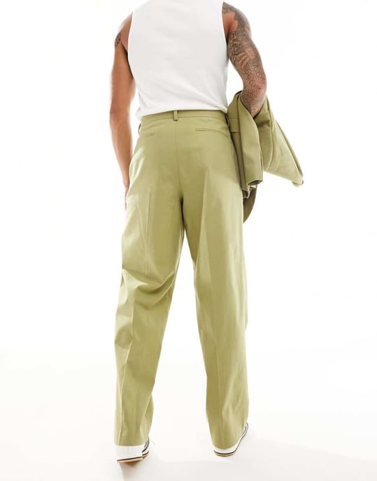 ASOS DESIGN smart breda linneblandade byxor i salviagrön - Image 4