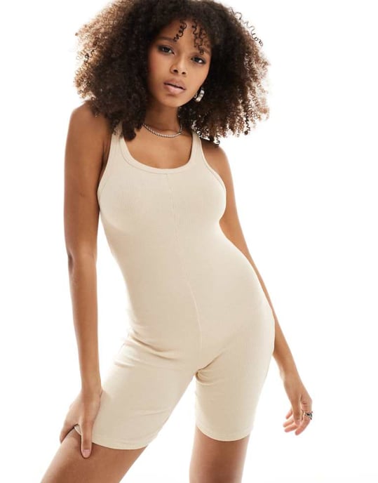 ASOS DESIGN skopad ribbad enhetsoverall i sten - Image 1