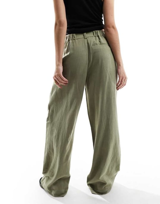 ASOS DESIGN wide leg dad trousers with linen in olive - Image 2