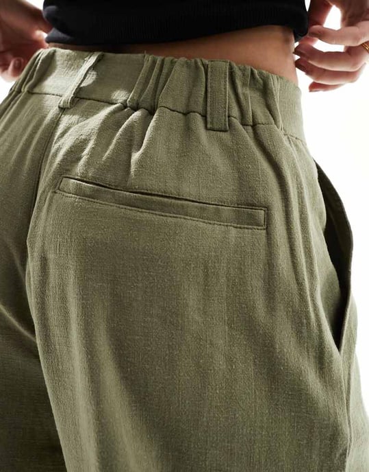 ASOS DESIGN wide leg dad trousers with linen in olive - Image 4