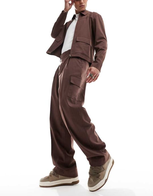 ASOS DESIGN smart co-ord rutig bred benen cargo-byxa i brun - Image 1