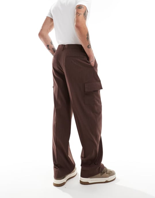 ASOS DESIGN smart co-ord rutig bred benen cargo-byxa i brun - Image 3