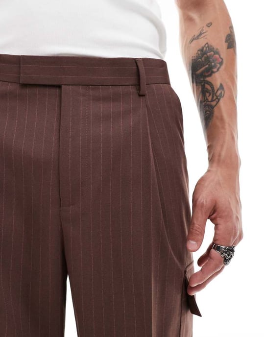 ASOS DESIGN smart co-ord rutig bred benen cargo-byxa i brun - Image 4