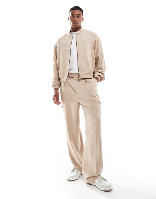 ASOS DESIGN bredbenad smart co-rd cargobyxa i beige - Image 1