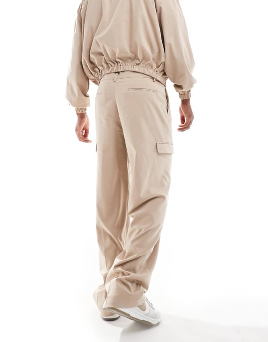 ASOS DESIGN bredbenad smart co-rd cargobyxa i beige - Image 2