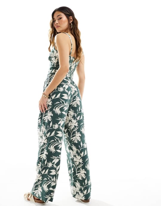 Abercrombie & Fitch co-ord vida linneblandade byxor med elastisk midja i grönt blommönster - Image 3