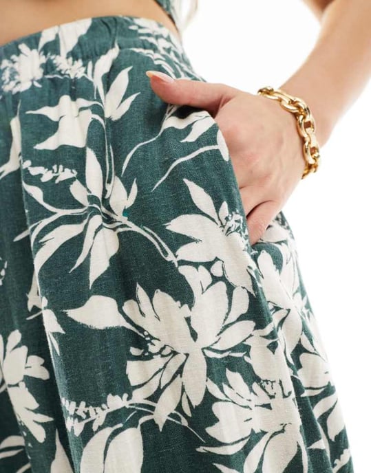 Abercrombie & Fitch co-ord vida linneblandade byxor med elastisk midja i grönt blommönster - Image 4