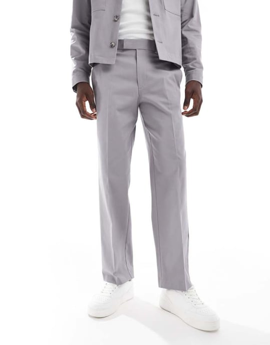 ASOS DESIGN smart co-ord raka byxor i grått med elastisk midja - Image 4