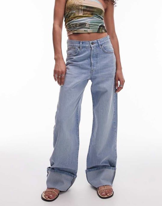 Topshop hög midja uppvikt jeans i vintage blekt - Image 2