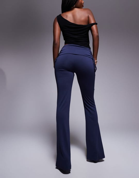 ASOS DESIGN soft handle fold over waist kick flare trousers with ruched detail in ink - Image 2