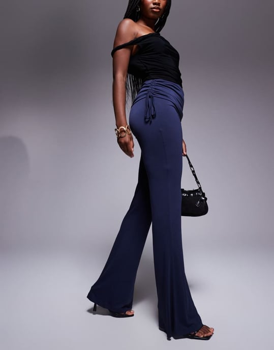 ASOS DESIGN soft handle fold over waist kick flare trousers with ruched detail in ink - Image 4