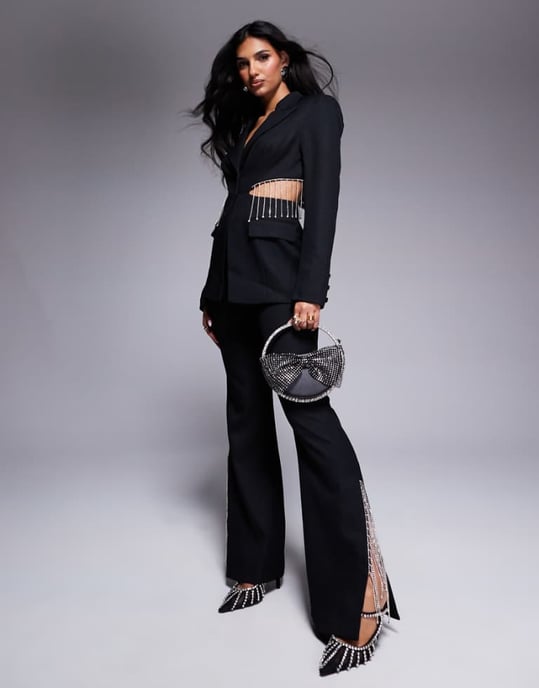 ASOS LUXE co-ord flared trouser with diamante fringing in black - Image 1