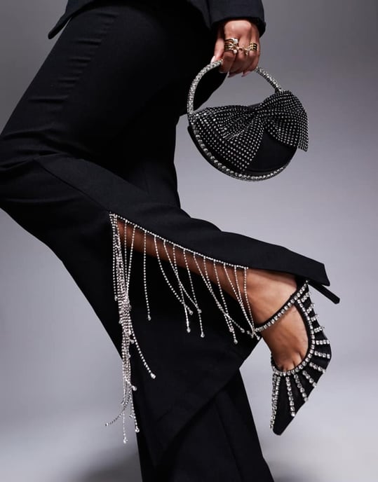 ASOS LUXE co-ord flared trouser with diamante fringing in black - Image 2