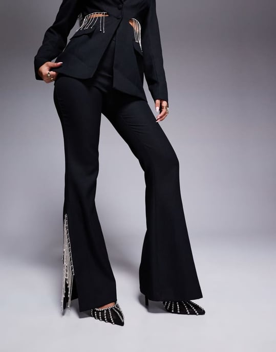 ASOS LUXE co-ord flared trouser with diamante fringing in black - Image 3
