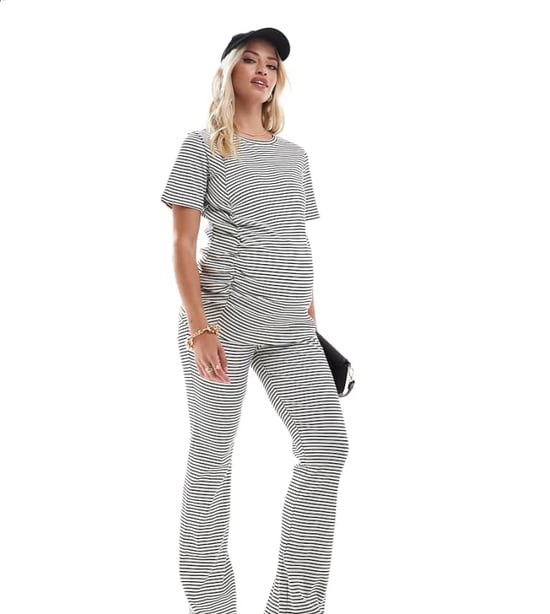 Mamalicious maternity ribbed over the bump flared trouser co-ord in stripe - Image 1