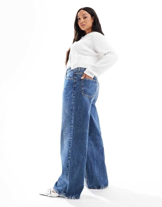 ASOS DESIGN Curve wide leg dad jeans in dark mid blue - Image 3