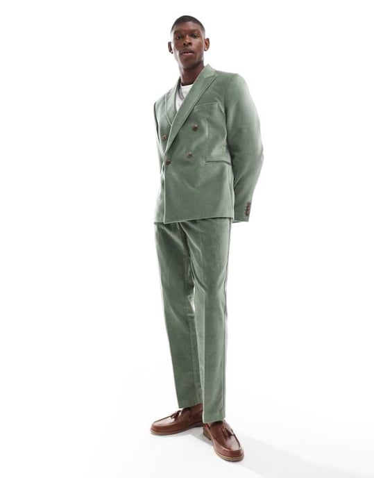 ASOS DESIGN slim pleat fram kostymbyxor i salviagrön bomullsammet - Image 1