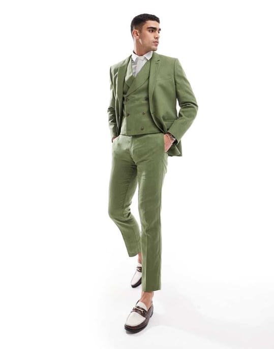 ASOS DESIGN slim passform kostymbyxor i mörkgrön fiskbensmönster - Image 3