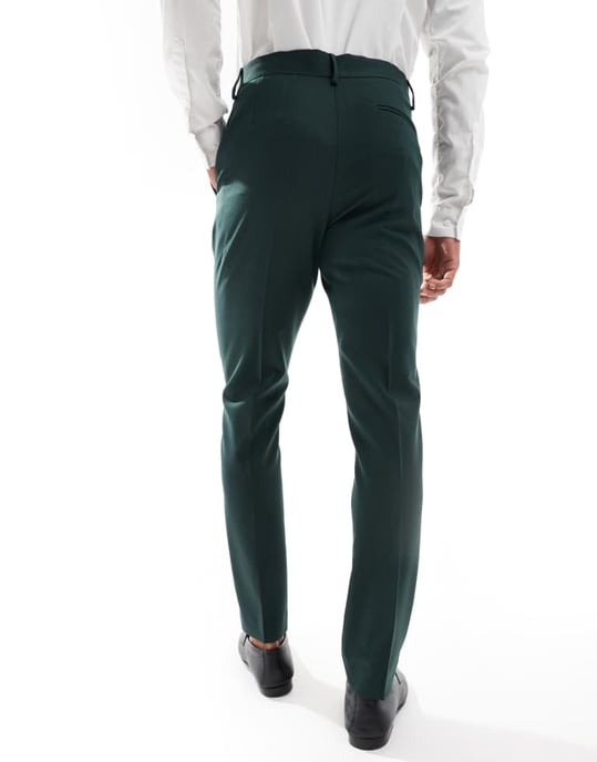 ASOS DESIGN smala kostymbyxor i mörkgrön herringbone - Image 3