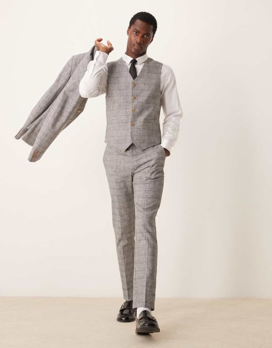 ASOS DESIGN skinny med linne kostymbyxor i grått prins av Wales-rutigt mönster - Image 1