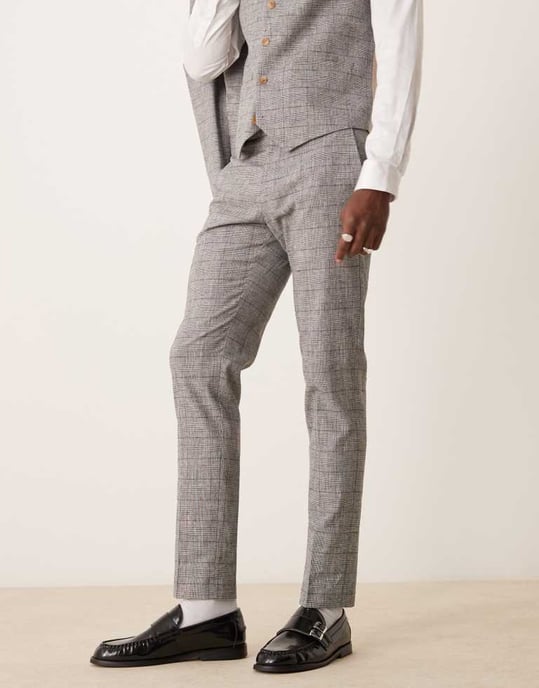 ASOS DESIGN skinny med linne kostymbyxor i grått prins av Wales-rutigt mönster - Image 2