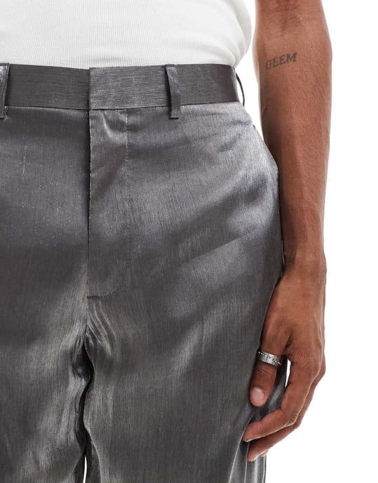 ASOS DESIGN raka korta kostymbyxor i silvermetall - Image 3