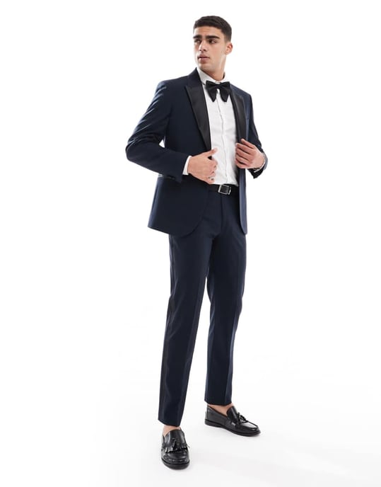 ASOS DESIGN slim fit tuxedobyxor i mörk marinblå - Image 2
