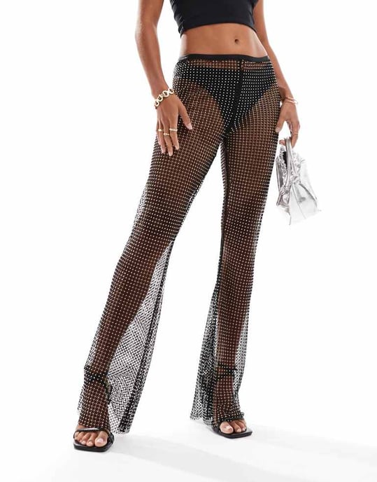 ASOS DESIGN Petite nät hotfix flare byxor i svart - Image 3