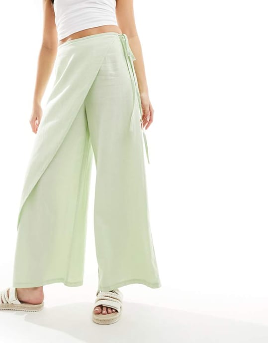 ASOS DESIGN svepbyxor i linne i grön - Image 3