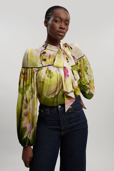Viscose Floral Print Woven Tie Neck Blouse - Image 1