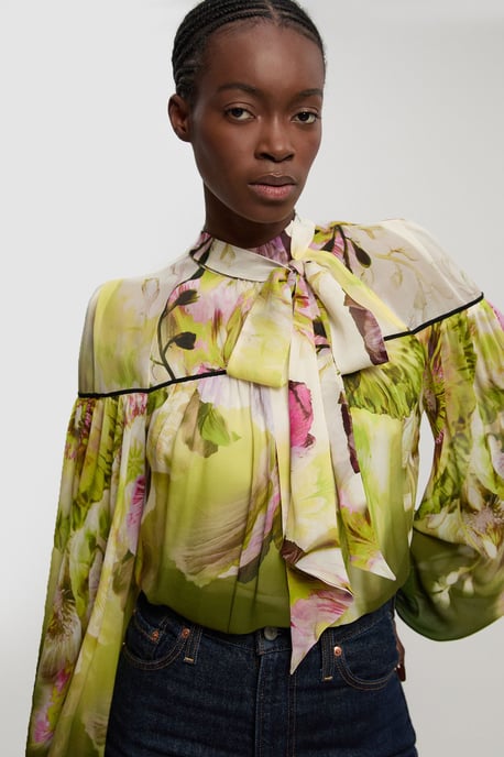 Viscose Floral Print Woven Tie Neck Blouse - Image 2