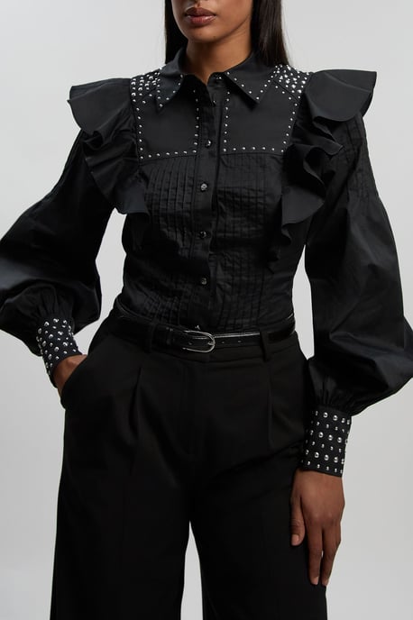 Cotton Sateen Drama Sleeve Studded Woven Maxi Shirt - Image 3