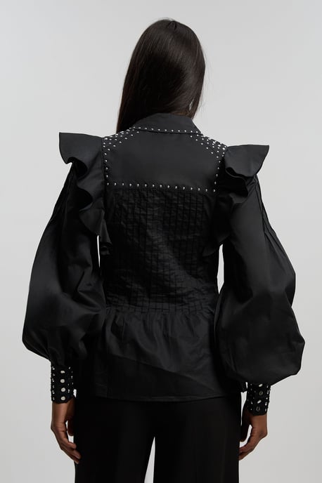 Cotton Sateen Drama Sleeve Studded Woven Maxi Shirt - Image 4