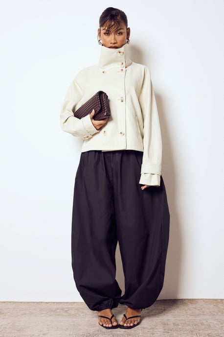 Funnel Neck Button Detail Short Faux Leather Jacket - Image 1