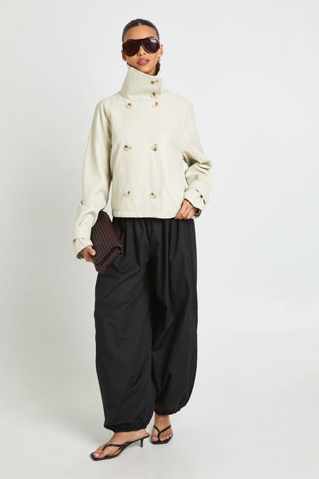 Funnel Neck Button Detail Short Faux Leather Jacket - Image 3