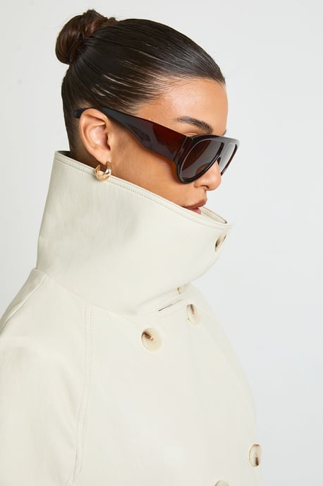 Funnel Neck Button Detail Short Faux Leather Jacket - Image 4