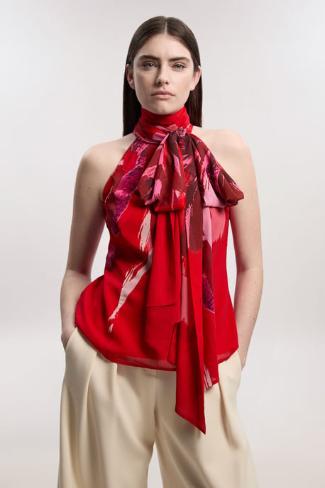 Photographic Floral Crinkle Georgette Sleeveless Tie Neck Woven Top - Image 1