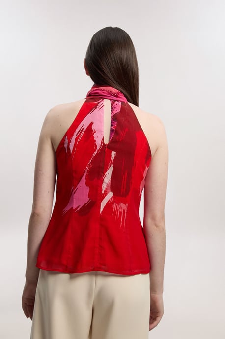 Photographic Floral Crinkle Georgette Sleeveless Tie Neck Woven Top - Image 4