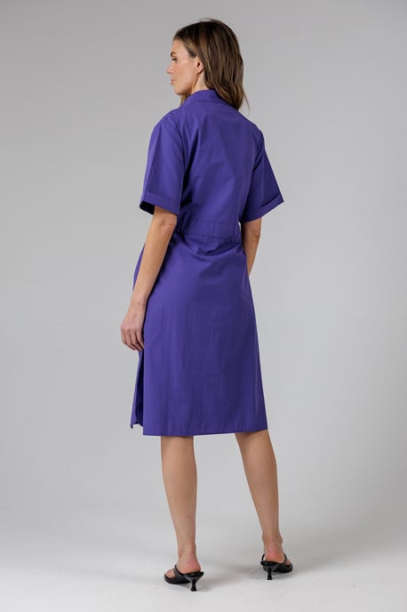 Blue Cotton Blend Short Sleeve Tie Waist Poplin Midi Shirt Dress - Image 2