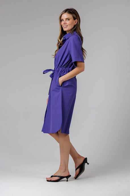 Blue Cotton Blend Short Sleeve Tie Waist Poplin Midi Shirt Dress - Image 3