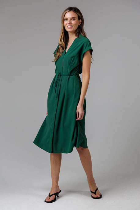 Green V-Neck Cap Sleeve Crepe Midi Dress - Image 1