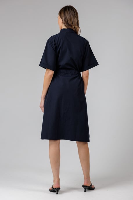 Navy Cotton Blend Short Sleeve Tie Waist Poplin Midi Shirt Dress - Image 2