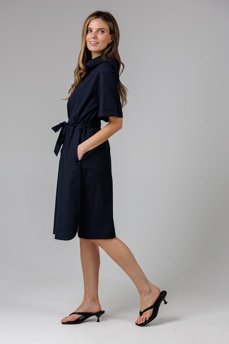 Navy Cotton Blend Short Sleeve Tie Waist Poplin Midi Shirt Dress - Image 3