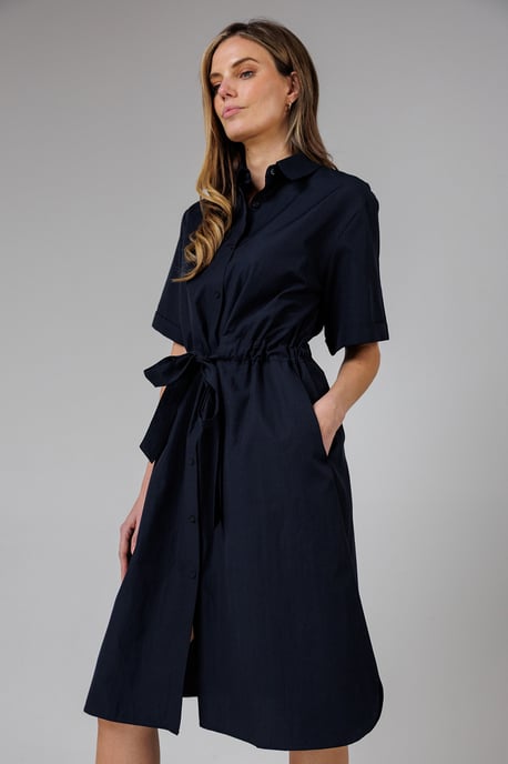 Navy Cotton Blend Short Sleeve Tie Waist Poplin Midi Shirt Dress - Image 4