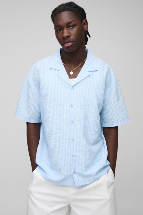 Oversized Embroidered Stripe Seersucker Revere Shirt - Image 3