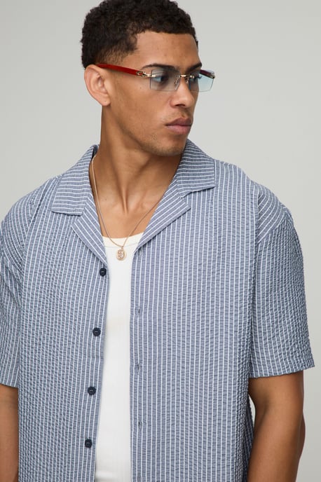Oversized Embroidered Stripe Seersucker Revere Shirt - Image 3