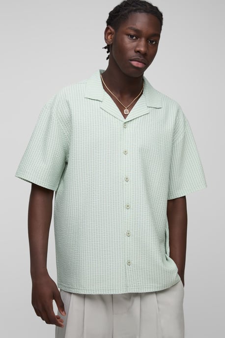 Oversized Embroidered Stripe Seersucker Revere Shirt - Image 3