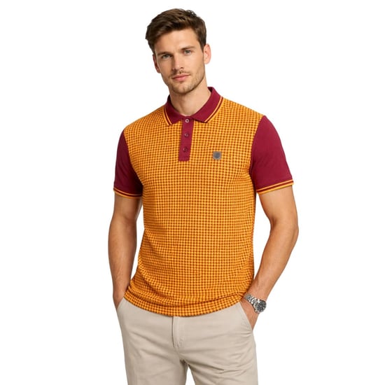 Lambretta Heren Houndstooth Polo Shirt (Bordeaux/Geel) - Image 3