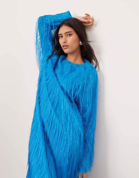 ASOS EDITION fringe detail crew neck maxi dress in bright blue - Image 4
